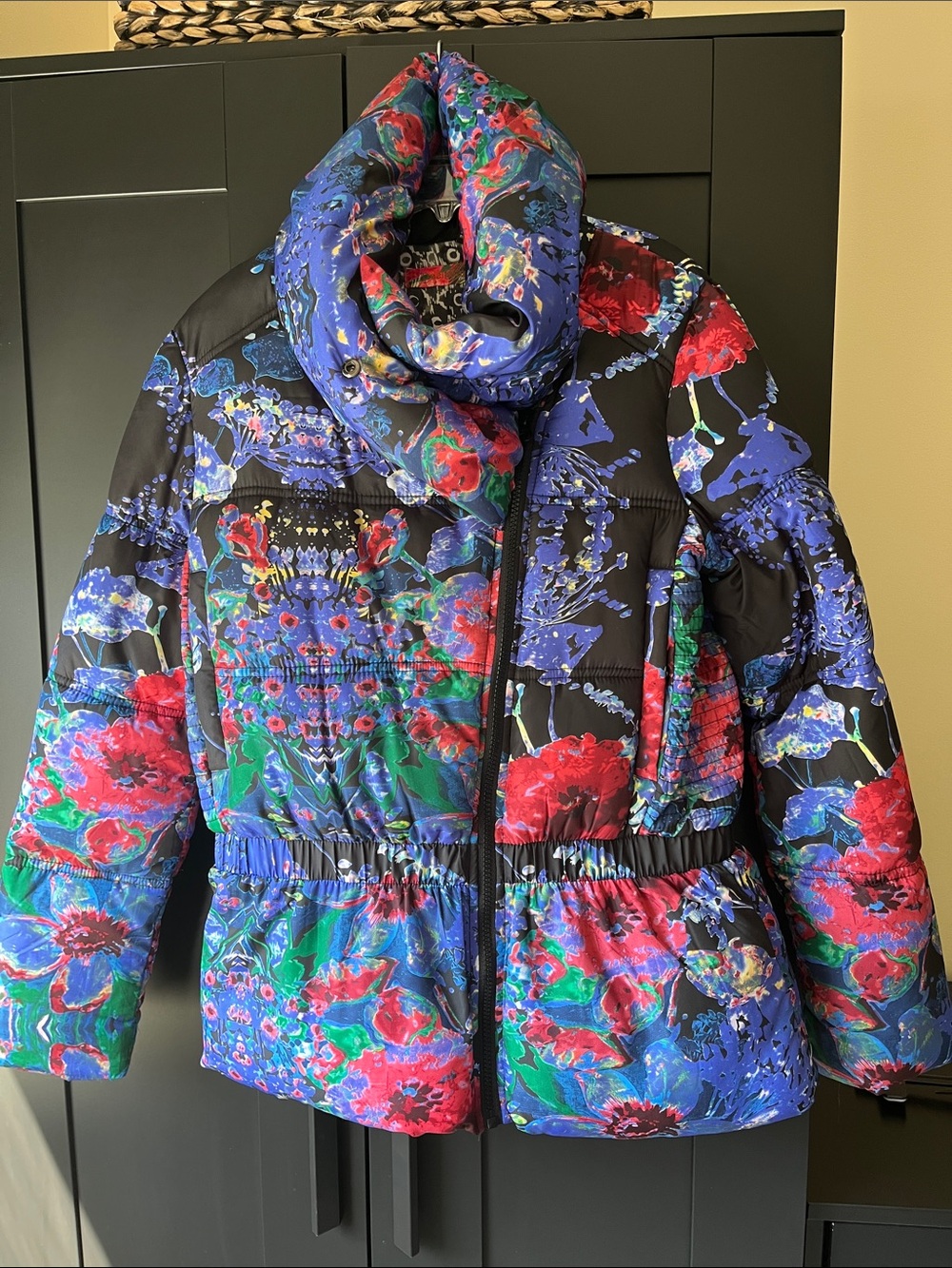 Desigual Black Floral Multicolor Puffer Jacket with Funnel Neck